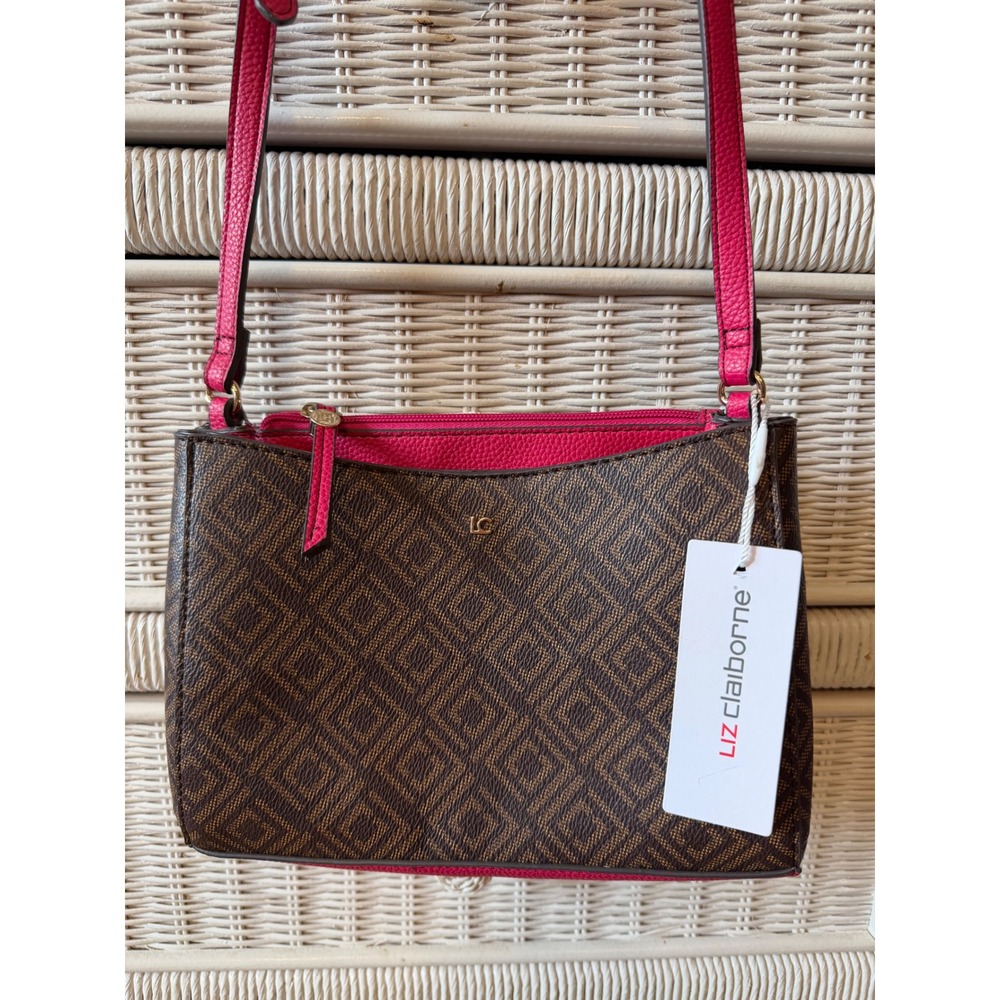 Liz Claiborne Paula Crossbody Bag Brown Monogram Magenta Pink New With Tags